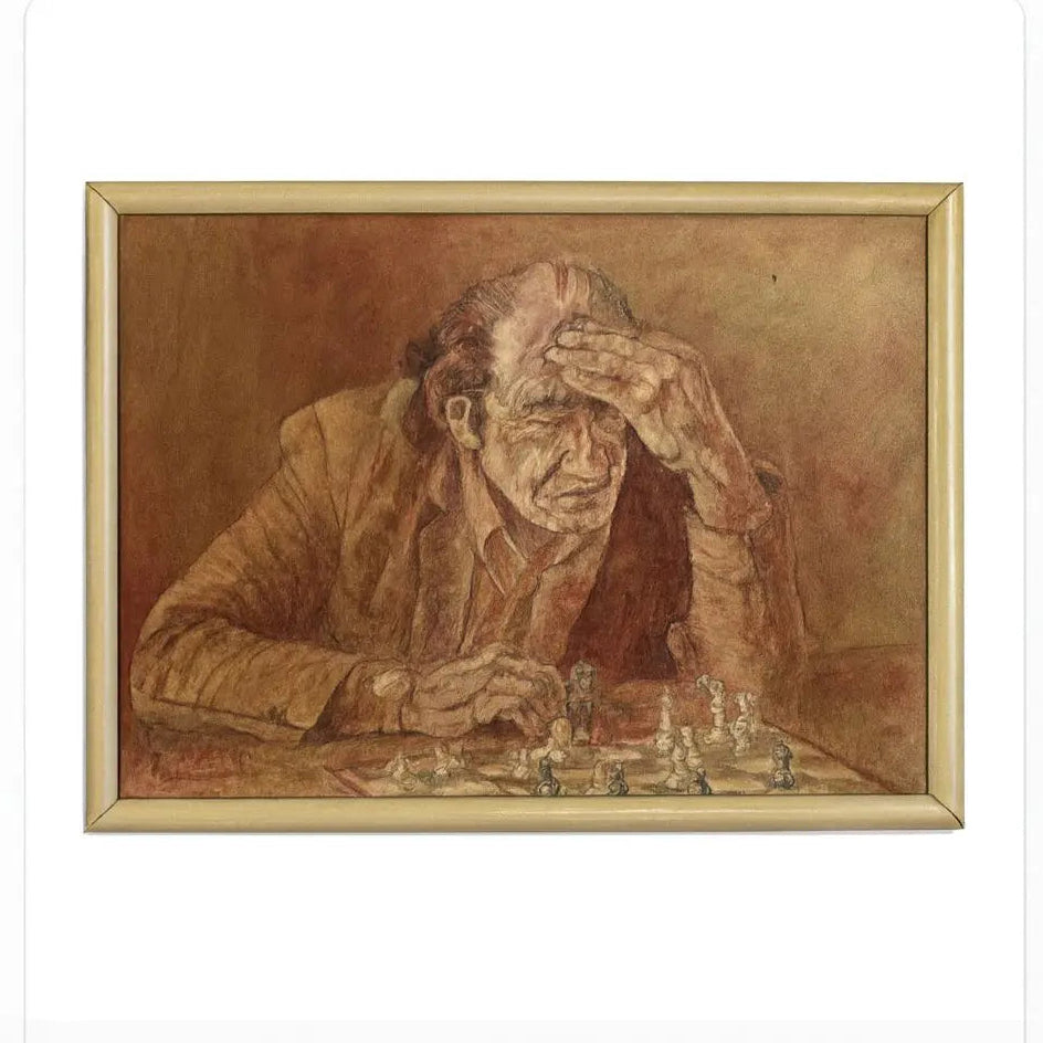 Oil painting of an elderly man deep in thought over, rendered in warm tones Approx. 24" x 38"